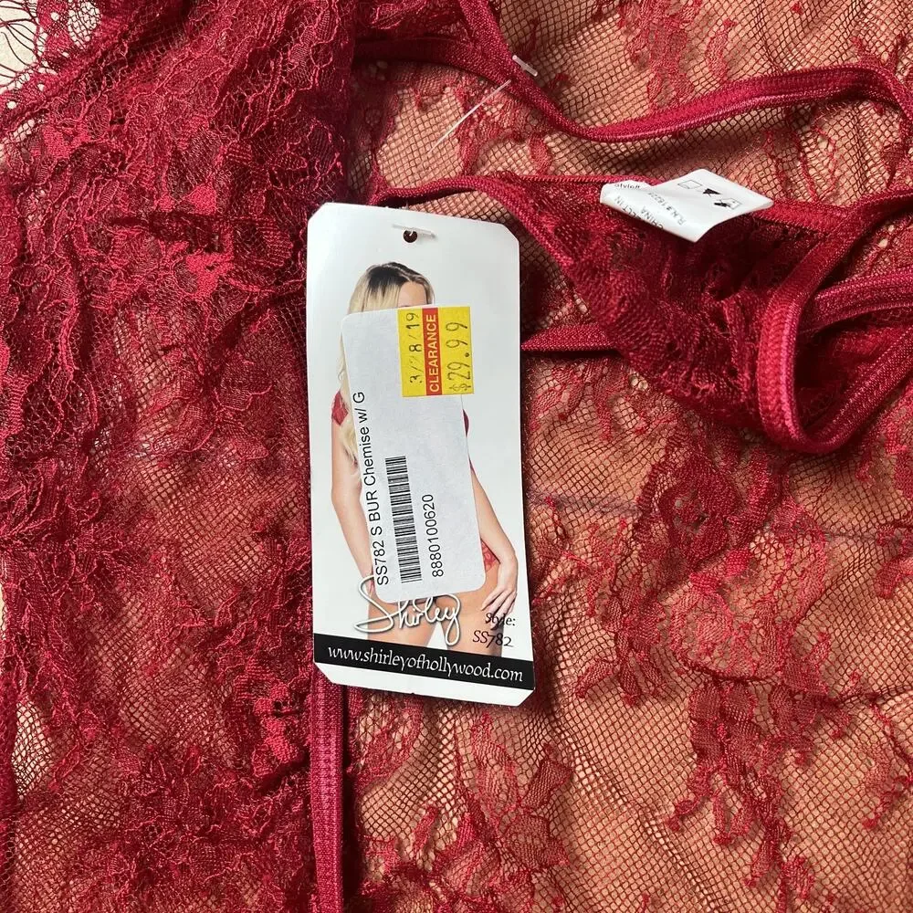 Shirley Chemise Womens S Red Lace Sheer Short Sleeve Scalloped Hem Sexy